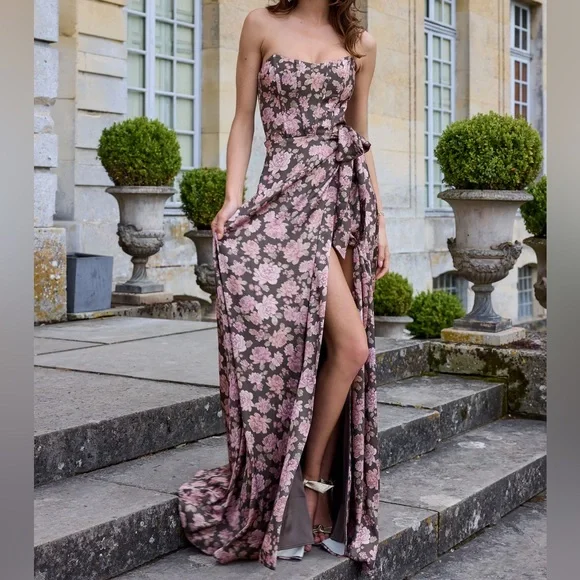 V. Chapman The Cecilia Dress Chocolate Peony Print Size 12 Pink Corset Back NEW - Picture 3 of 7